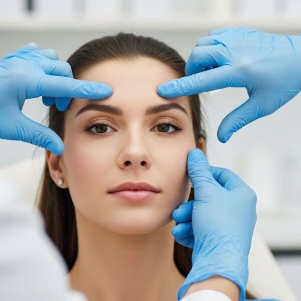 A close-up of a dermatologist's gloved hands gently framing a patient's face for a skin examination.