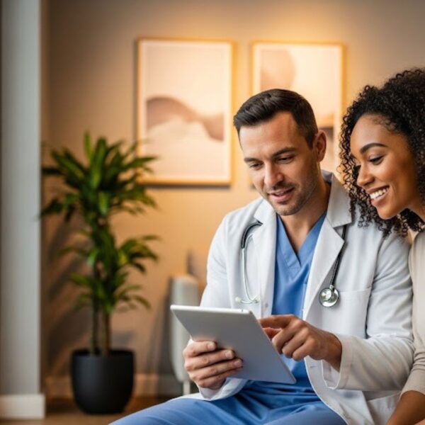 A male medical professional and a smiling female patient sit together, looking at a tablet.