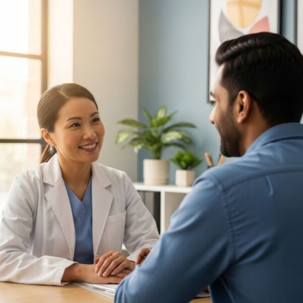 A compassionate doctor and a relieved patient share a warm, reassuring smile.