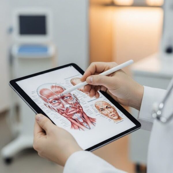 A close-up of a doctor's hands reviewing a facial chart with diagrams of facial muscles on a tablet.