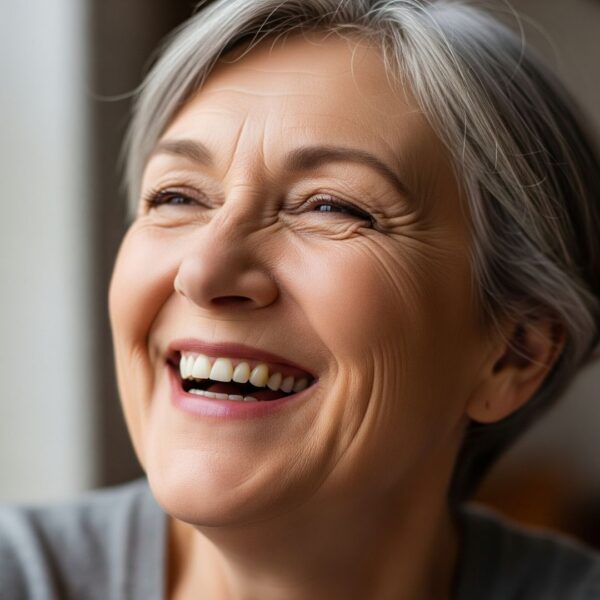 A mature woman laughing genuinely with visible expression lines