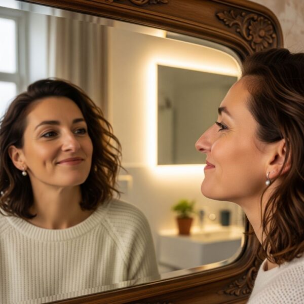 A woman looking at her reflection in a mirror, smiling subtly