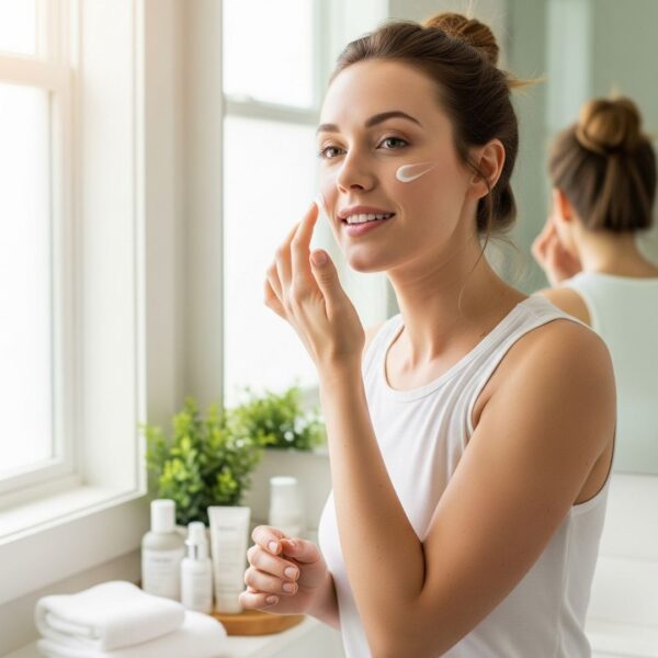 A younger woman in her late 20s applying facial cream