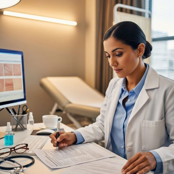 A dermatologist in a lab coat studying a patient's chart