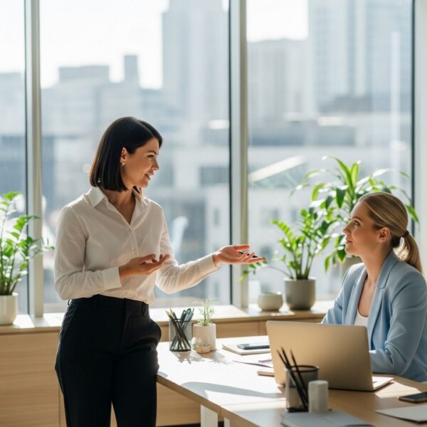 Two women in a bright, modern office having a discussion
