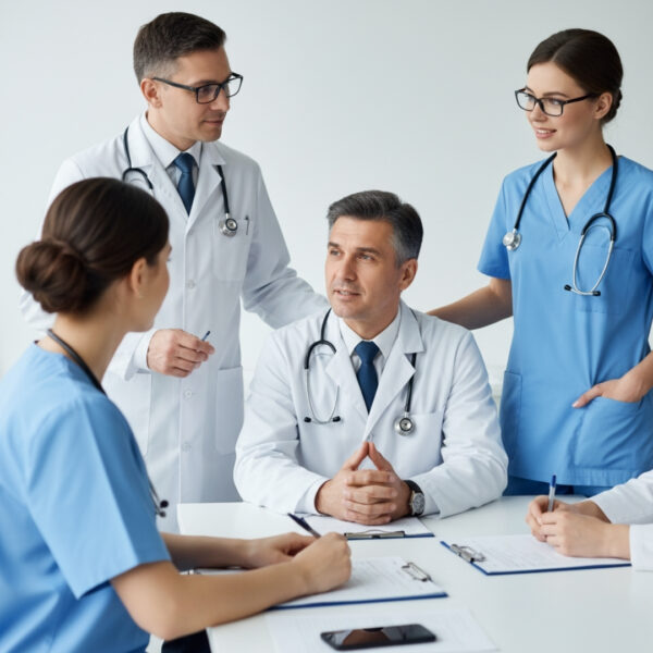 Diverse group of medical professionals consulting in a modern clinic
