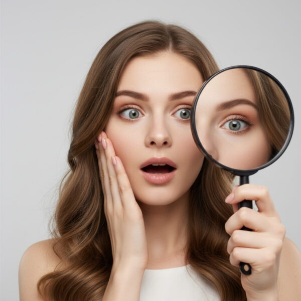 oung woman looking surprised at her reflection in a magnifying mirror