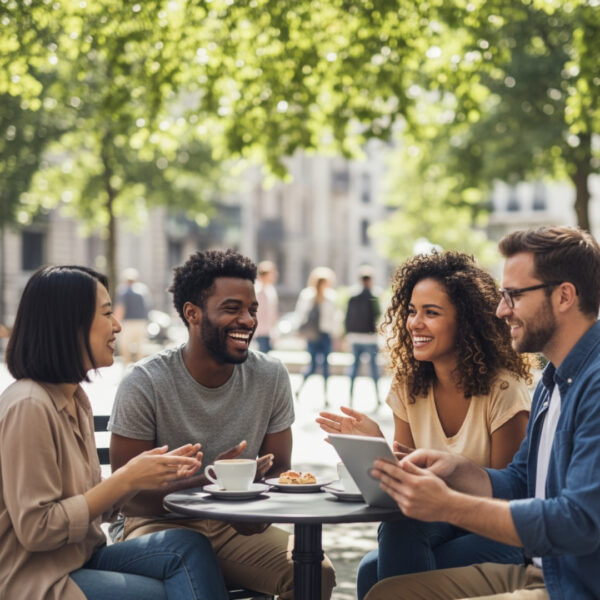 Diverse group of individuals engaging in a relaxed conversation outdoors