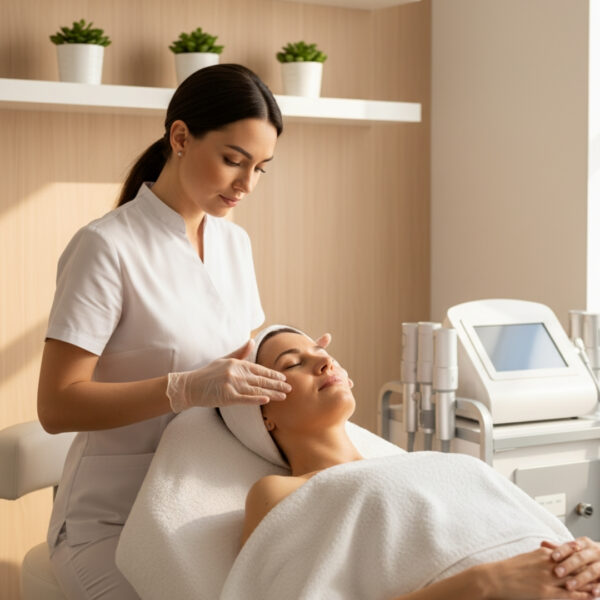A client relaxing in a modern, clean medical spa setting, receiving a facial treatment.