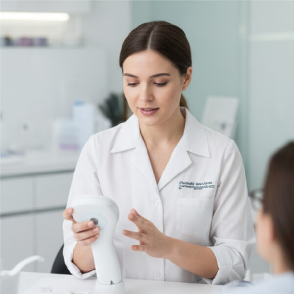 A female professional in a white lab coat explains a device to a client