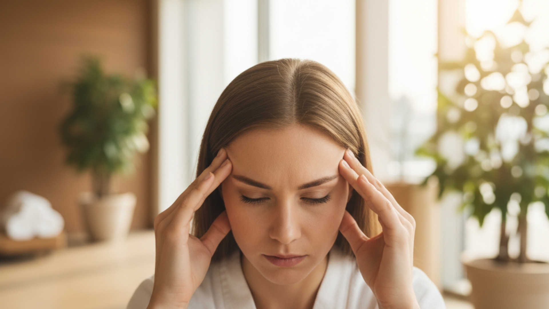 Can Stress Really Age Your Skin HERO A person's hands gently massaging their temples