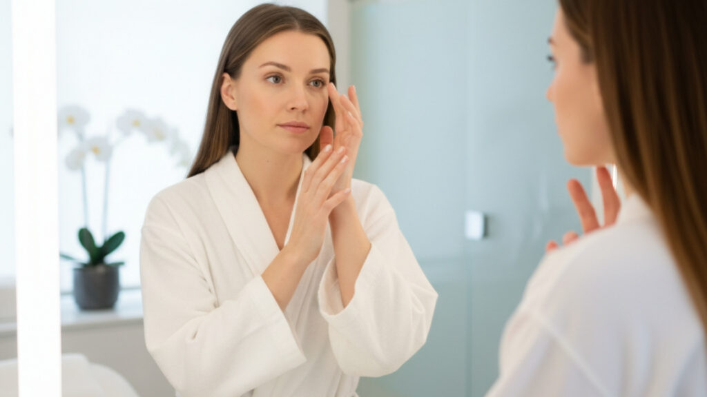 Young woman thoughtfully examining her reflection in a mirror