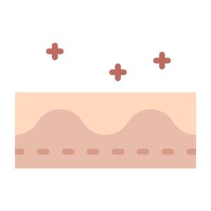 Enhanced absorption A rectangular diagram showing a cross-section of skin layers with a wavy interface. Three small, dark-pink cross symbols (plus signs) float above the surface, indicating the application or penetration of a treatment.