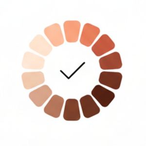 Safe for all skin types A circular graphic composed of twelve rounded rectangular swatches arranged in a ring. The swatches transition in a gradient from very fair to deep dark skin tones, with a simple black checkmark in the center.