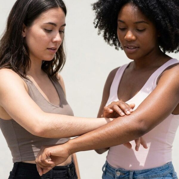 A candid photograph showing two diverse women comparing the skin texture and elasticity on their forearms under natural light.
