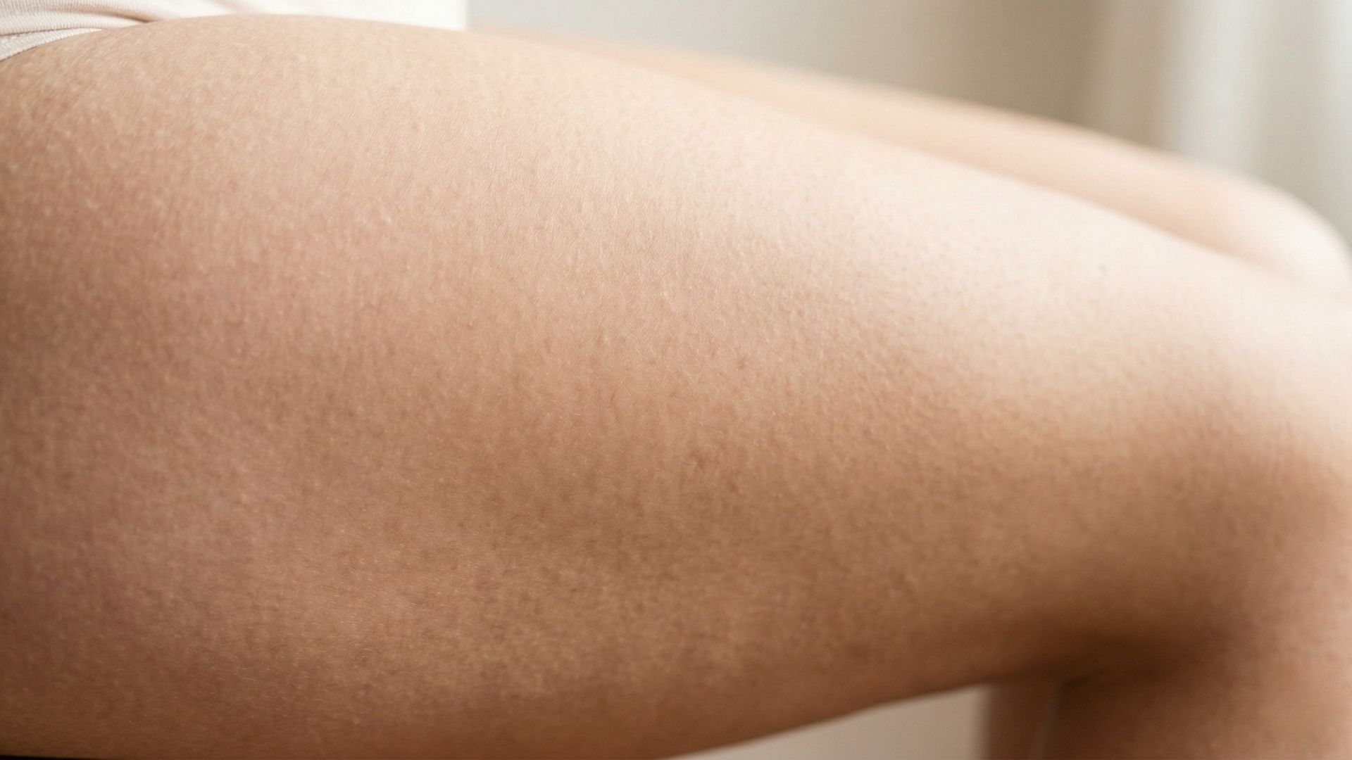 4 Things That Contribute to Cellulite Feature A soft, natural close-up photograph capturing textured skin on a woman's upper thigh, illuminated by soft daylight.