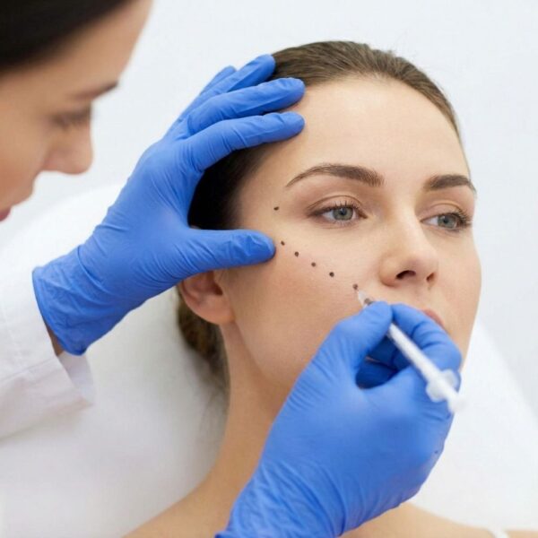 A close-up photograph of a clinician in blue gloves carefully marking treatment points on a woman's face.