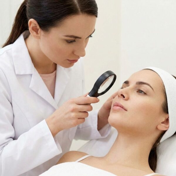 A skincare professional in a white coat examines a patient’s face using a handheld magnifying tool in a bright clinic setting.