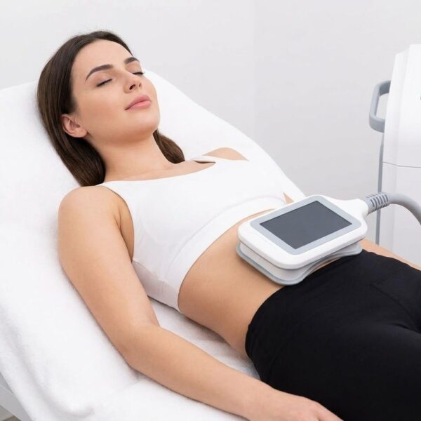 A woman rests comfortably on a treatment table while a flat, non-invasive body contouring device is applied to her abdomen.