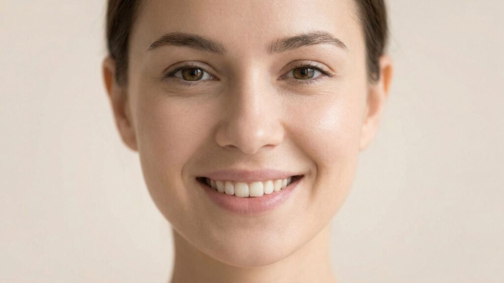 A soft, natural close-up photograph of a woman smiling with clear skin and a radiant glow.