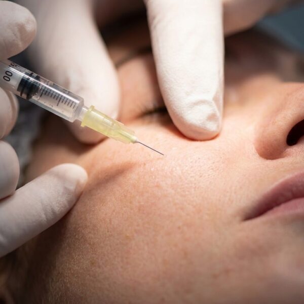 A focused macro photograph under bright light shows a gloved hand precisely injecting fine microdroplets onto facial skin for internal hydration.