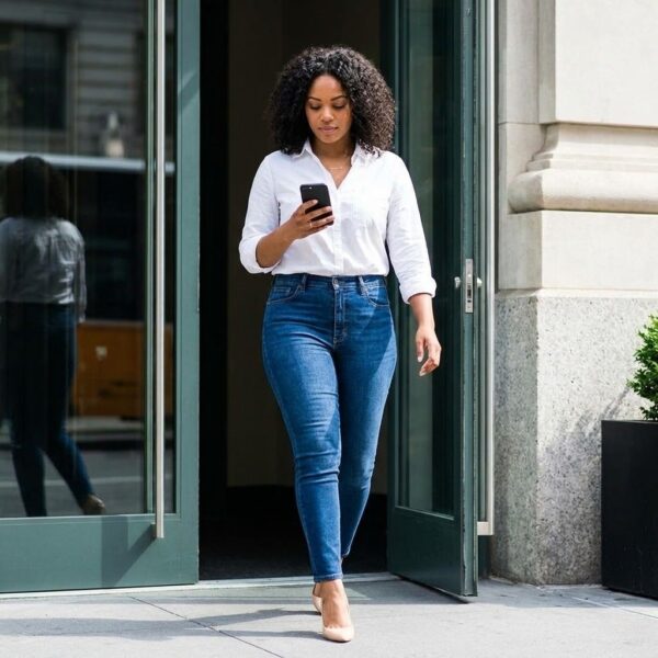 A candid photograph showing a confident woman looking at her phone while walking out of a building, illustrating a seamless return to daily activity.