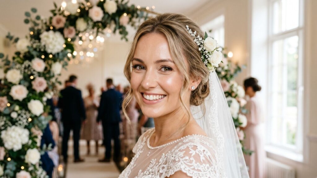 Radiant bride with flawless glowing skin on her wedding day.